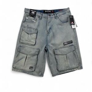 Men’s Ecko Unltd Triple Cargo Wide Denim Shorts Light Blue Crystal Wash Size 29